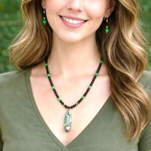 vintage/ bohemian Green and Black Beaded Necklace/ Earring Set. Final price